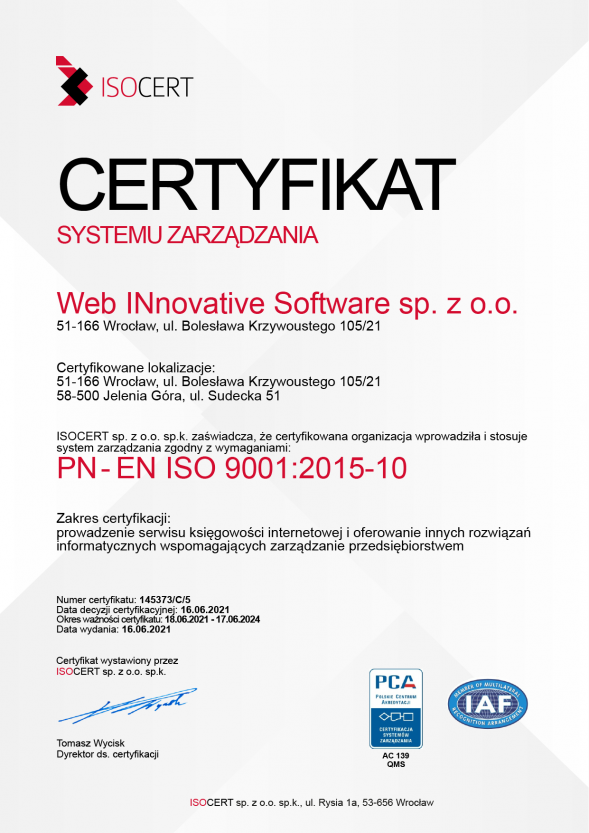 Certyfikat PN-EN IS0 9001:2015 dla WINS