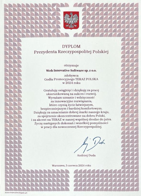 Dyplom gratulacyjny Prezydenta Rzeczypospolitej Polskiej